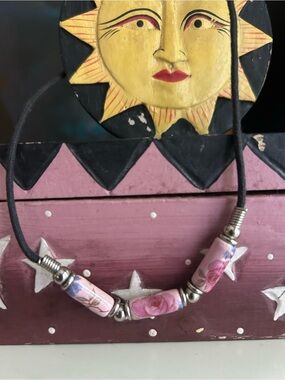 Pink Floral Ceramic Beaded Cord Necklace Y2K Boho Coquette
